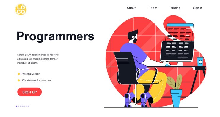 Vector programadores que trabajan el concepto de banner web. el hombre trabaja en la computadora en el lugar de trabajo de la oficina, codifica código o script, crea una plantilla de página de destino de software. ilustración de vector con escena de personas en diseño plano