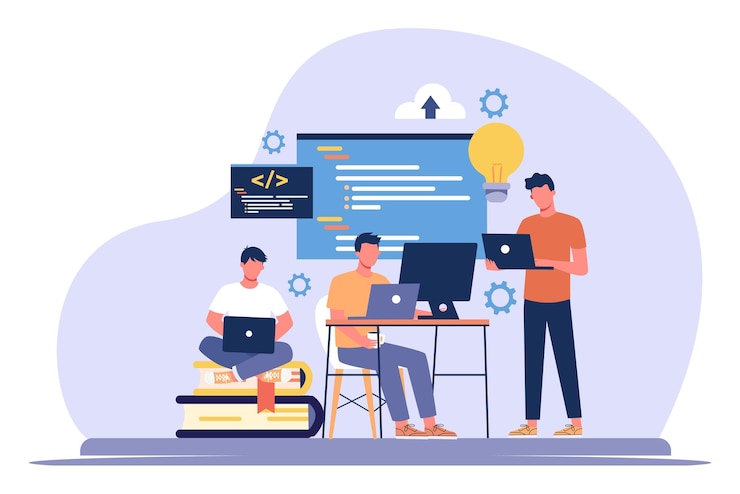Vector programadores que trabajan en nuevas ideas para el desarrollo de sitios web vector illustration