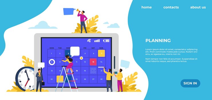 Vector programar página de destino. gestión del tiempo, eventos de trabajo de oficina y reuniones. página web de vector