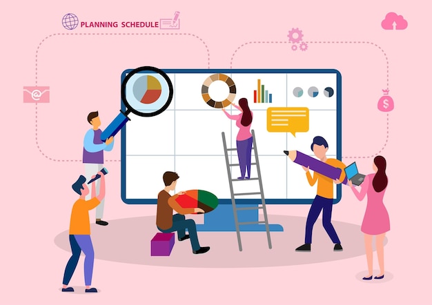 Programar planificación insertar equipo horario de trabajo diario Vector de ilustración de dibujos animados de estilo plano