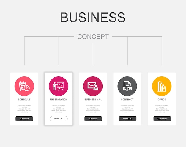 Programar presentación negocio correo contrato oficina iconos infografía plantilla de diseño concepto creativo con 5 pasos