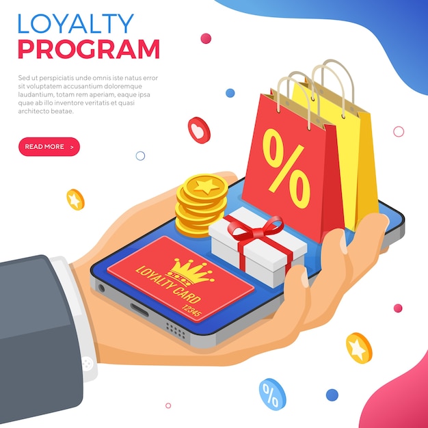 Programas de fidelización de clientes como parte del marketing de devolución de clientes. caja regalo, devoluciones, intereses, puntos, bonos. la mano con el teléfono inteligente da regalos por bonificaciones del programa de fidelización. vector isometrico
