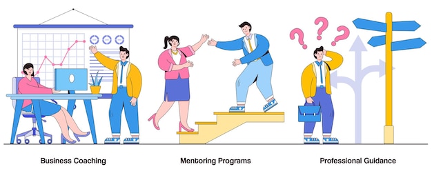 Programas de tutoría de coaching empresarial concepto de orientación profesional con carácter Desarrollo personal conjunto de ilustraciones vectoriales abstractas Mejora de habilidades progresión profesional superación personal