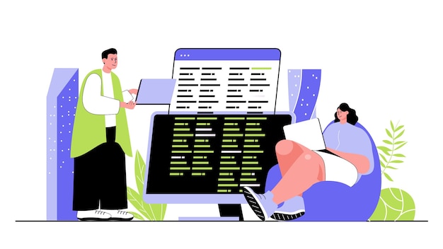 Programmer concept for modern web design People developers creating code developing programs and software testing applications on screens Flat vector illustration isolated on white background