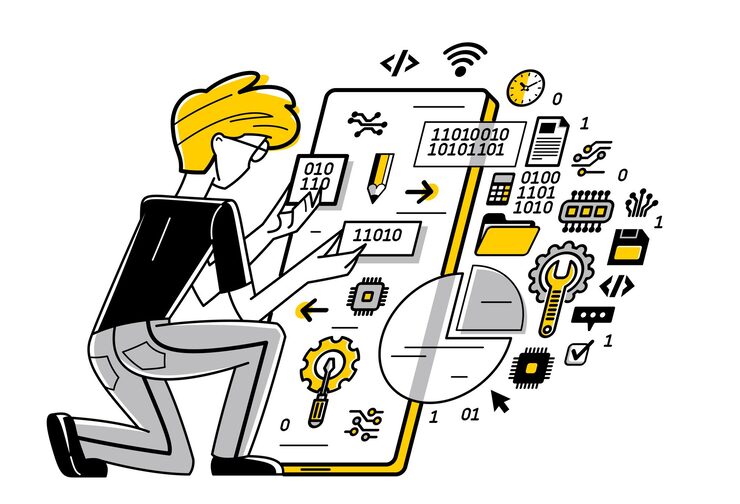 Vector programmer is coding and repairing some applications on phone vector outline illustration programming engineer working with app sysadmin and coder