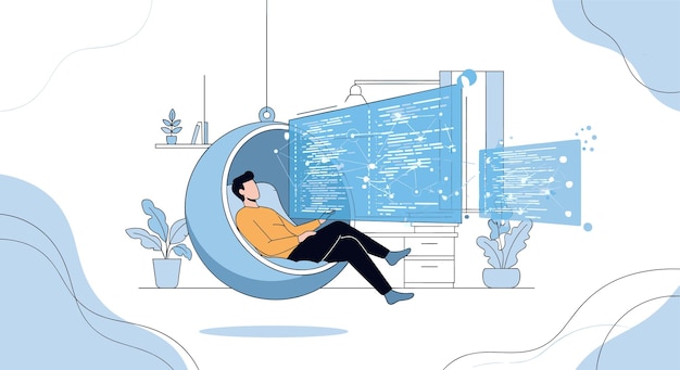 Programmer relaxing in a hanging chair coding on multiple screens