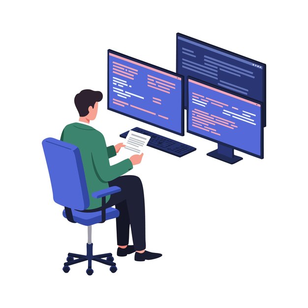 Programmer working at desk with multiple monitors displaying code in dark mode technology setup for software development vector illustration