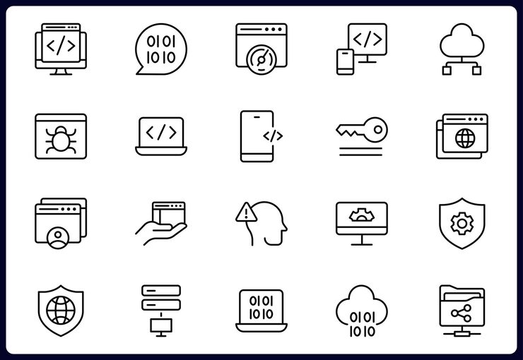 Vector programming and coding icon set contains such icons as code api programmer developer information