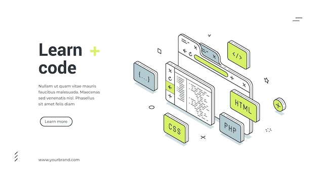 Programming code learning software development isometric web banner design template vector