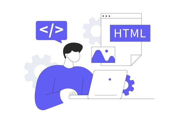 Programming concept Man working with html computer languages at laptop creating software products