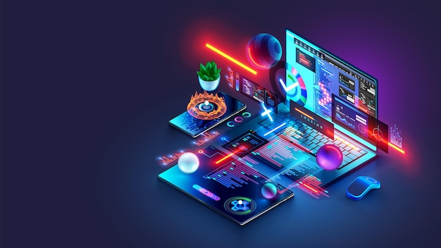 Programming software development computer technology isometric concept Coding of program software development on screen laptop Programming internet website web design code app interface