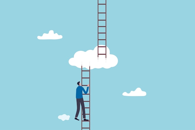 Progresar al siguiente nivel de desarrollo profesional o mejora empresarial alcanzando un crecimiento de mejor calidad o un concepto de crecimiento ambicioso hombre de negocios subiendo la escalera al nivel de la nube para alcanzar el siguiente nivel