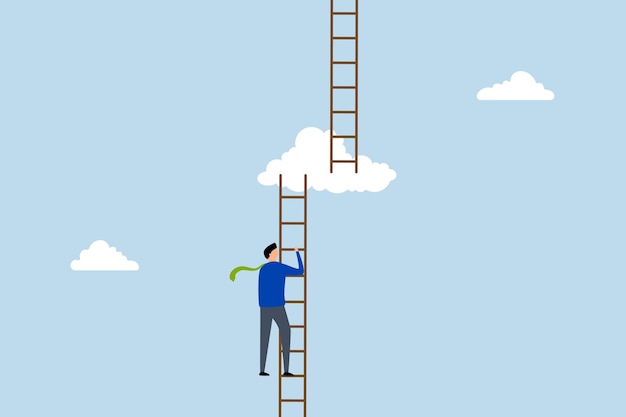Progreso al siguiente nivel impulsado por el empresario ascendiendo la escalera a las alturas de las nubes para lograr el siguiente