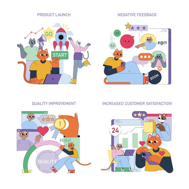 Progreso comercial ilustrado a través de etapas clave lanzamiento del producto calidad de respuesta a la retroalimentación negativa
