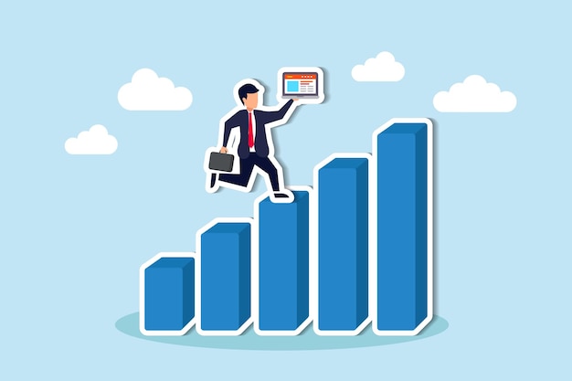 Progreso de crecimiento o mejora en la trayectoria profesional para lograr el objetivo empresarial, motivación hacia el éxito