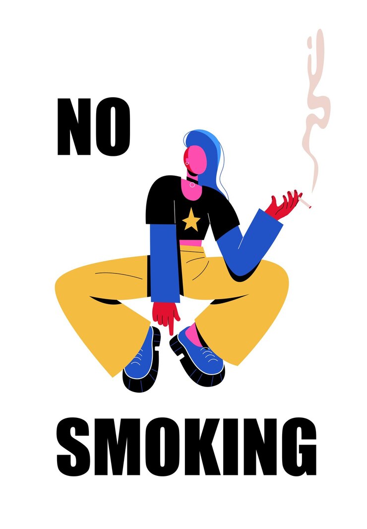 Vector prohibición de fumar. anuncio no fumar. una chica informal con mohicano fuma. una mujer sostiene un cigarrillo