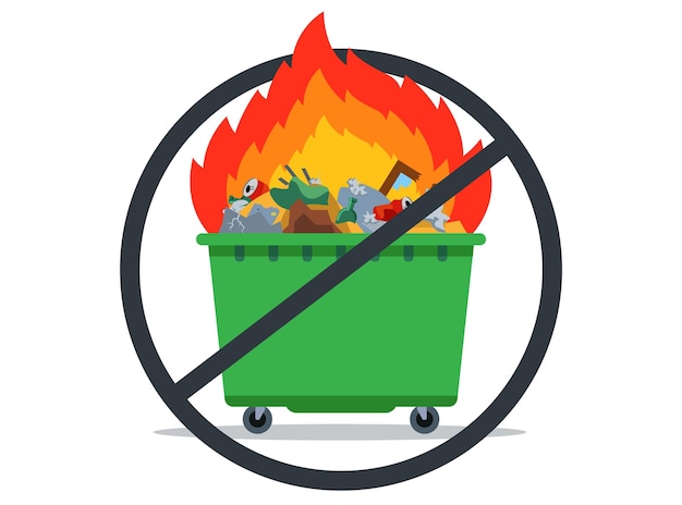 Prohibición de quemar basura. quema de tanque de residuos. ilustración vectorial plana