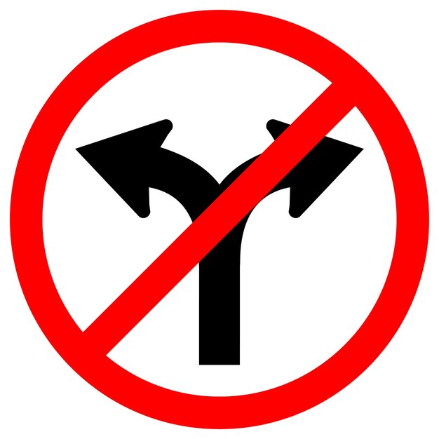 Prohibir la carretera de bifurcación No girar a la derecha o a la izquierda Símbolo de tráfico aislado en fondo blanco