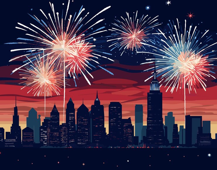 Prominente horizonte de la ciudad con variados rascacielos recortados contra una vibrante puesta de sol acentuada por brillantes fuegos artificiales