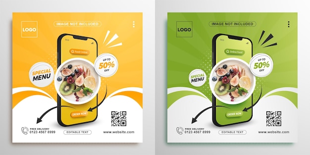 Promoción de alimentos en línea con banner cuadrado móvil para publicación en redes sociales