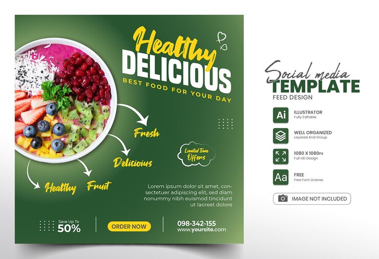 Promoción de alimentos saludables en redes sociales y plantilla de diseño de publicación de banner con fondo degradado verde