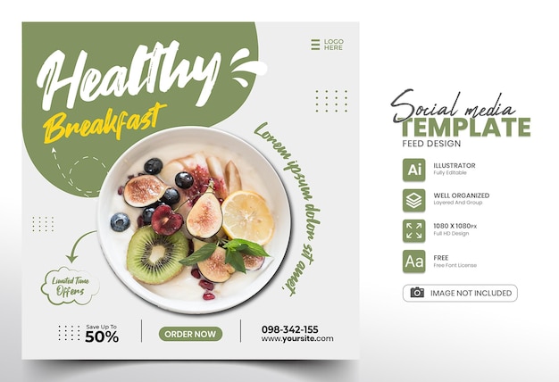 Vector promoción de alimentos saludables en redes sociales y plantilla de diseño de publicación de banner con fondo verde y blanco