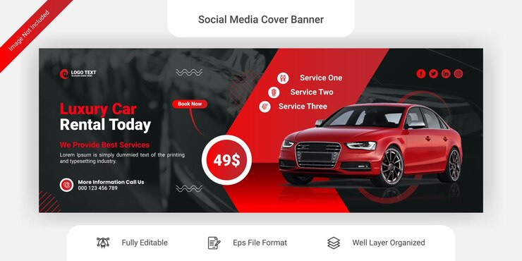 Vector promoción de alquiler de coches plantilla de banner de portada de facebook de redes sociales