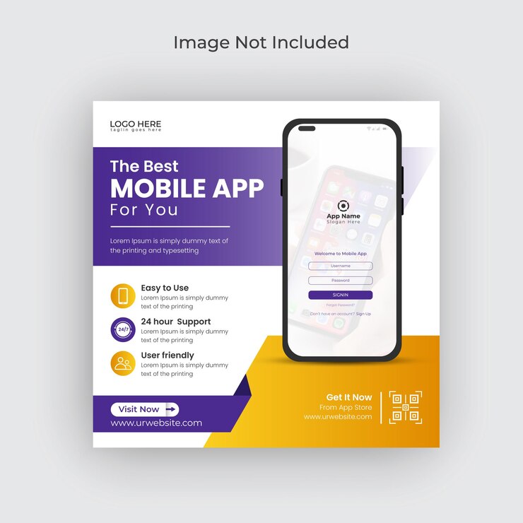 Promoción de aplicaciones móviles, redes sociales, publicación de banner de instagram y plantilla de banner web Vector Premium