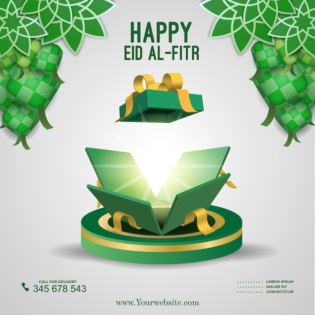 Promoción banner caja de regalo abierta redes sociales para eid al fitr hari raya idul fitri vacaciones musulmanas