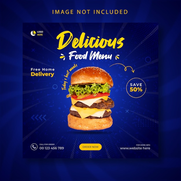 Promoción de banner de redes sociales de deliciosa hamburguesa y comida y plantilla de diseño de publicación de instagram