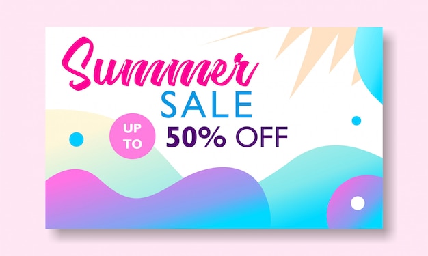 Promoción de banner de venta de verano con colorido paisaje tropical.