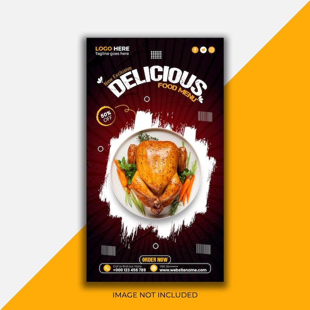 Promoción de comida deliciosa en redes sociales y diseño de publicaciones de historias de Instagram