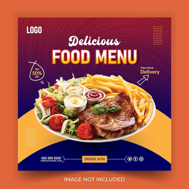 Promoción de comida en línea con plantilla de banner cuadrado móvil Diseño de publicación de menú de comida