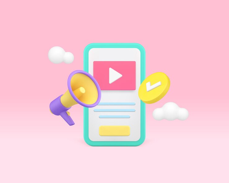 Vector promoción de contenido de redes sociales de marketing de video en internet anunciar aplicación de teléfono inteligente icono 3d vector realista