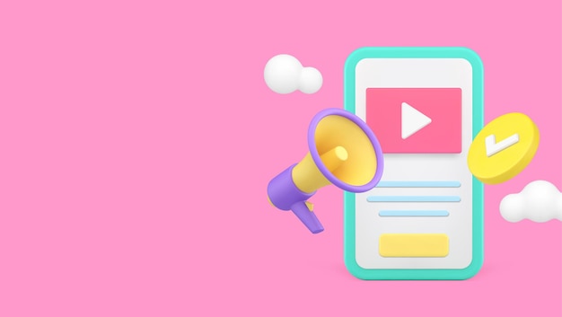 Promoción de contenido de redes sociales de marketing de video en Internet anunciar aplicación de teléfono inteligente icono 3d vector realista