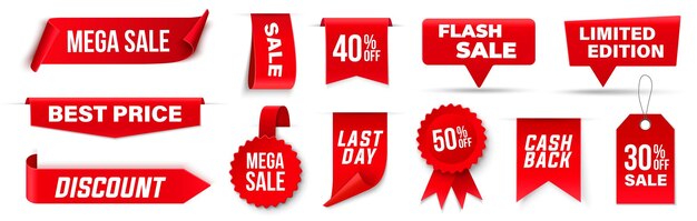 Promoción etiquetas rojas y insignias Venta descuento mejor precio devolución en efectivo