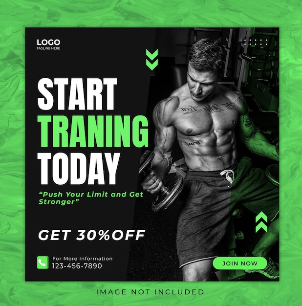 promoción de fitness en las redes sociales publicación en Instagram banner volante portada de negocio