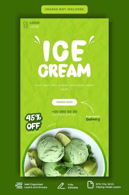 Vector promoción de historias de redes sociales de menú de comida de helados modelo eps