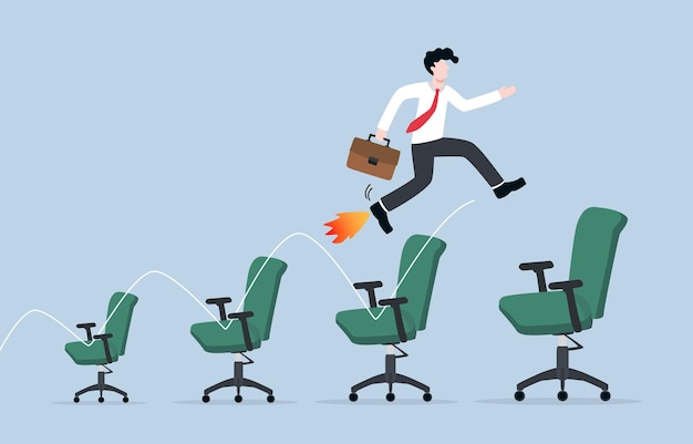 Promoción laboral rápida o concepto de crecimiento profesional el hombre de negocios salta de una silla pequeña a una silla más grande