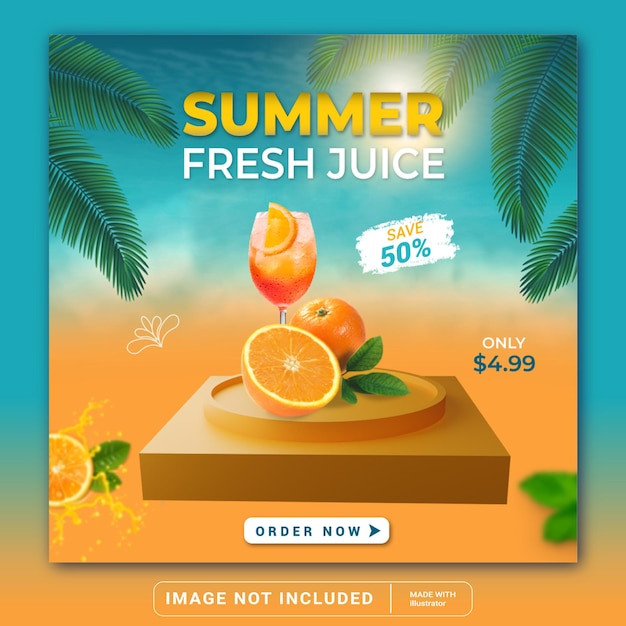 Promoción de menú de bebidas de verano plantilla de banner de publicación de instagram de redes sociales o flyer cuadrado