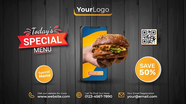 Promoción de menú especial para TV o instagram social media post banner premium vector Vector Premium