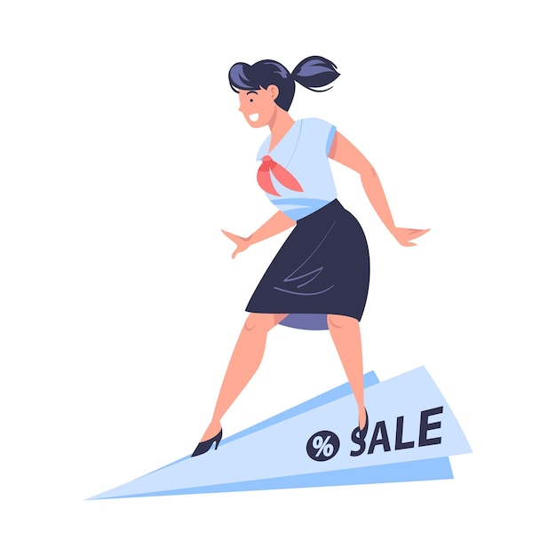 Promoción con personaje femenino volando en avión de papel como ilustración vectorial de campaña de marketing y publicidad