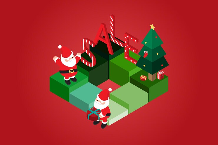 Vector promoción de plantilla de banner de venta de descuento isométrico de navidad para publicidad con santa claus