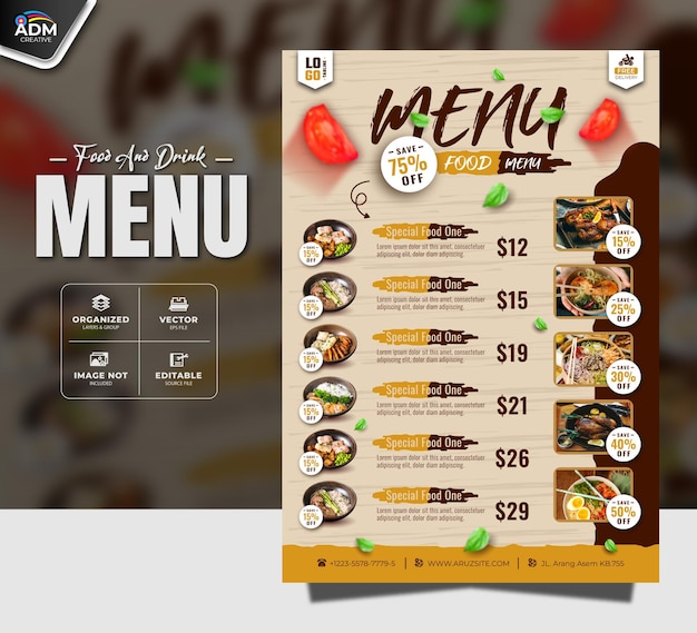 Promoción de la plantilla de folleto plegable para menús de alimentos y restaurantes