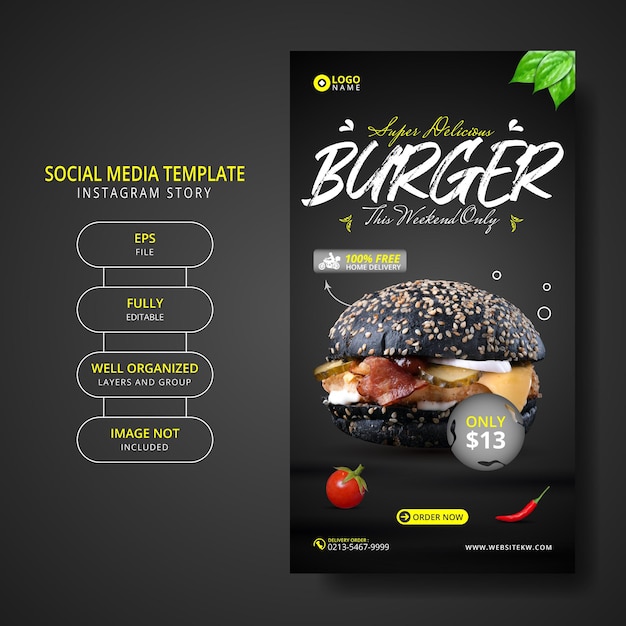 Promoción de plantilla de historia de redes sociales de menú de comida y hamburguesa súper deliciosa