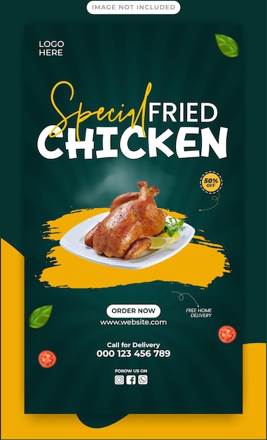 Promoción de pollo frito vectorial y plantilla de banner de historia de instagram y restaurante de restaurante