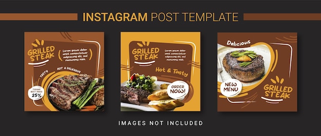 Vector promoción de post venta de instagram de bistec a la parrilla con fondo de adorno marrón dibujado a mano