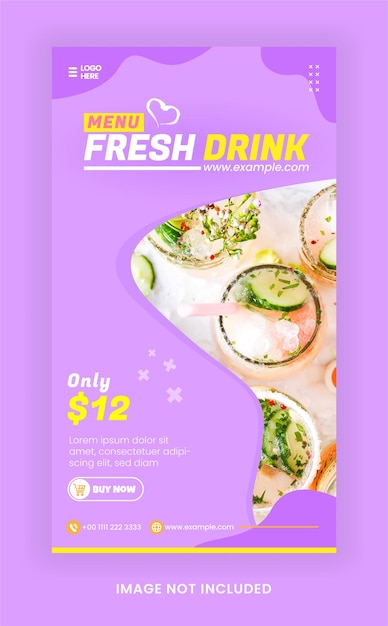 Vector promoción de publicaciones en redes sociales de bebidas frescas de instagram story con plantilla de color púrpura