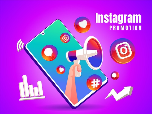 Promoción de redes sociales de instagram con logotipo de megáfono e icono y teléfono inteligente móvil