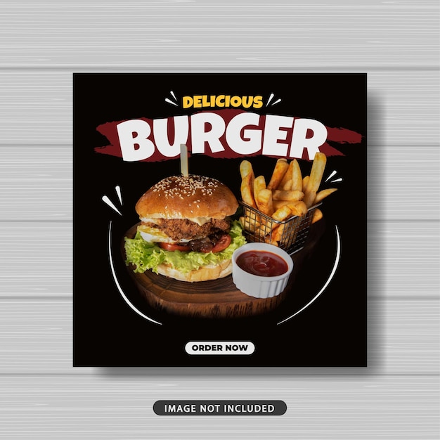 Promoción de venta de comida de hamburguesa deliciosa banner de plantilla de publicación de redes sociales